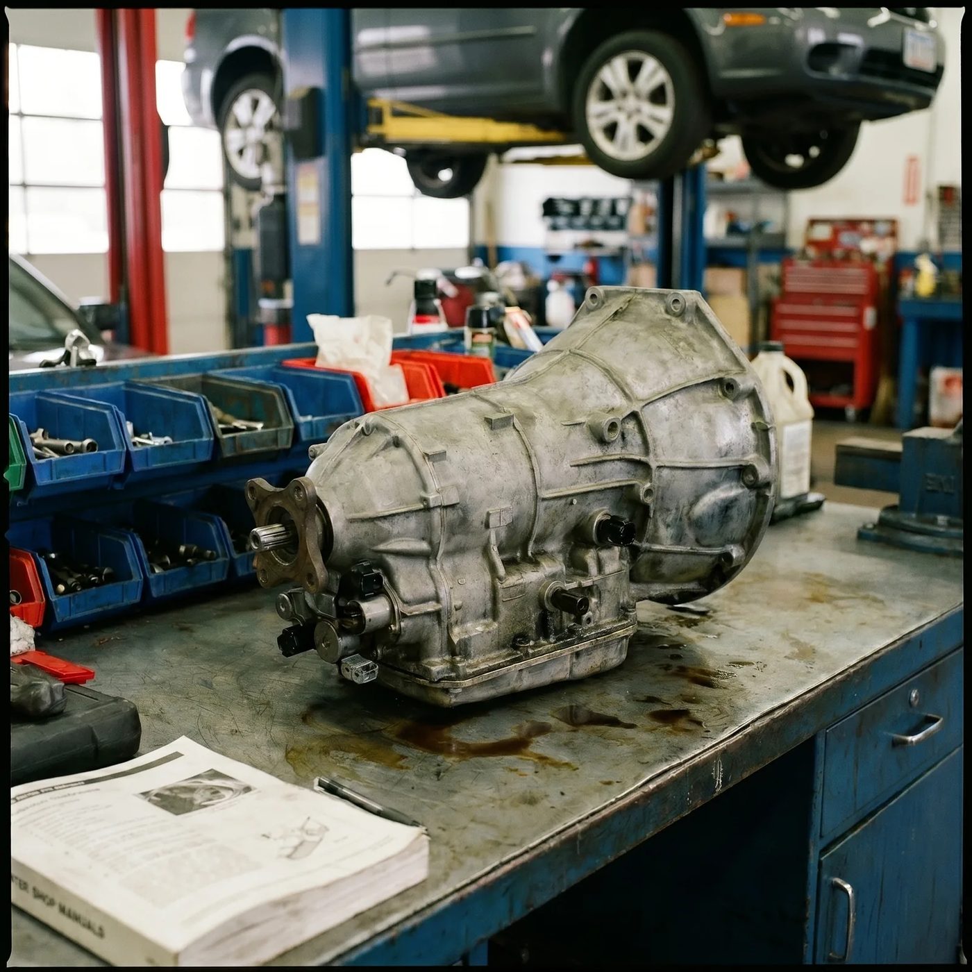 Transmission unit on a workbench during transmission repair